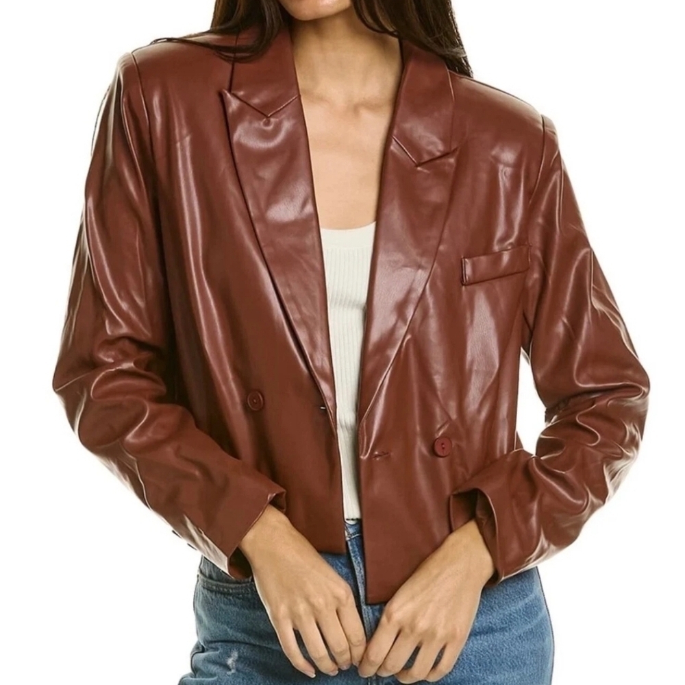 Area Stars Faux Leather Double Breasted Cropped Jacket, Brown, Size Small